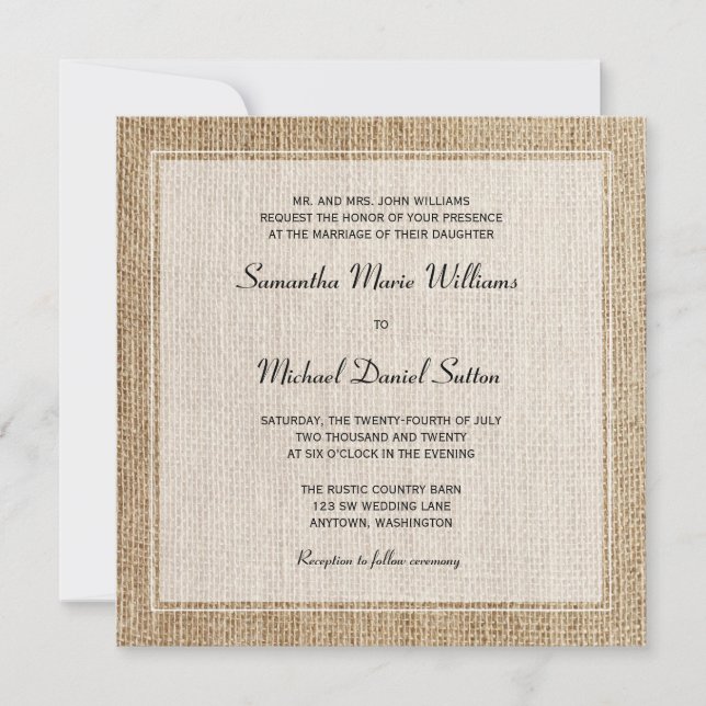 Burlap White Border Wedding Invitations (Front)