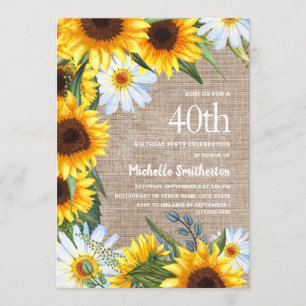 Burlap White Daisies Yellow Sunflower 40thBirthday Invitation
