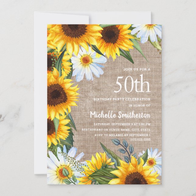 Burlap White Daisies Yellow Sunflower 50thBirthday Invitation (Front)