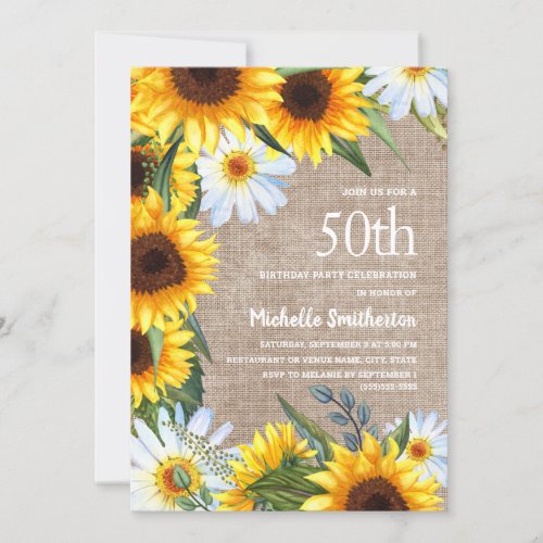 Burlap White Daisies Yellow Sunflower 50thBirthday Invitation
