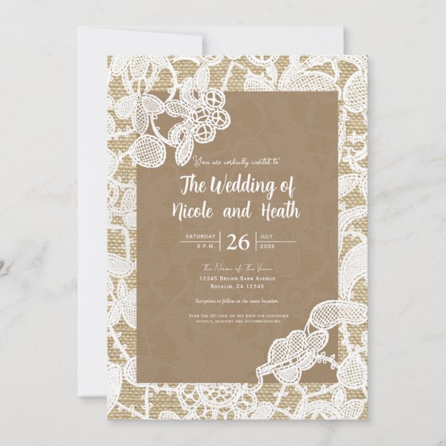 Burlap & White Floral Lace Elegant Rustic Wedding Invitation (Front)