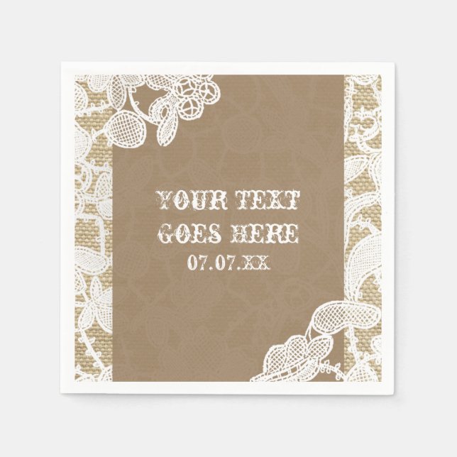 Burlap & White Floral Lace Elegant Rustic Wedding Paper Napkins (Front)