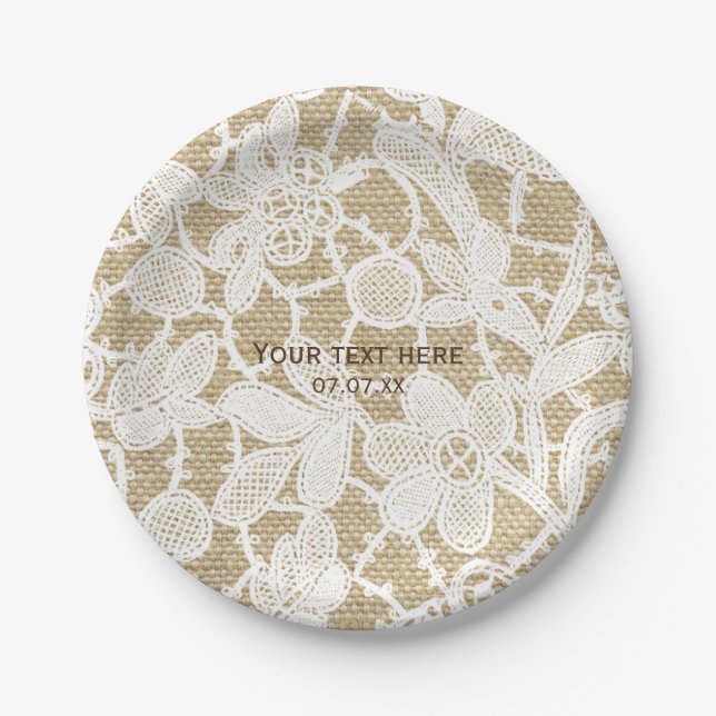 Burlap & White Floral Lace Elegant Rustic Wedding Paper Plates (Front)