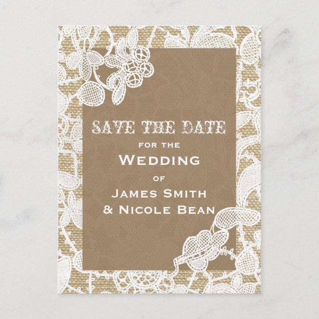 Burlap & White Floral Lace Rustic Save The Date Announcement Postcard (Front)