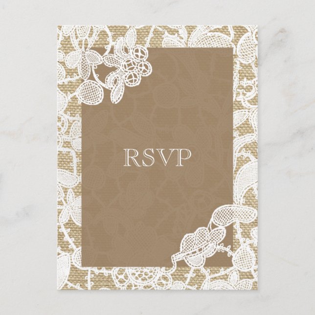 Burlap & White Floral Lace Rustic Wedding RSVP Invitation Postcard (Front)