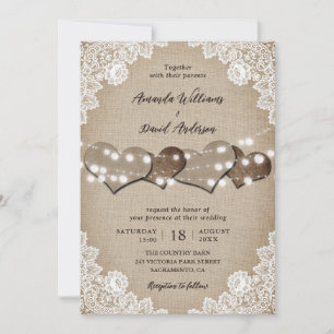 Burlap White Floral Lace String Lights Wedding Invitation
