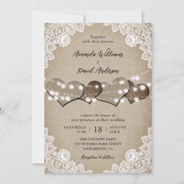 Burlap White Floral Lace String Lights Wedding Invitation (Front)