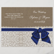 burlap white lace,navy blue folded Wedding program