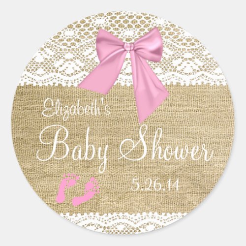 BurlapWhite Lace Pink Bow Baby Shower Classic Round Sticker