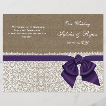 burlap white lace,purple folded Wedding program