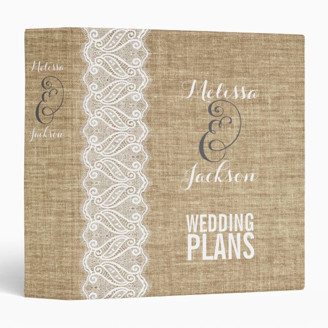 Burlap & White Lace Rustic Wedding Planner Binder (Front/Spine)