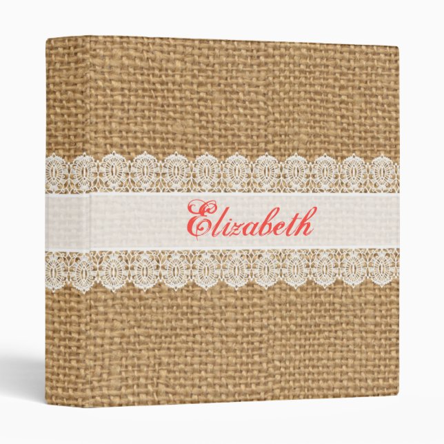 Burlap with Delicate Lace - Shabby Chic Monogram 3 Ring Binder (Front/Spine)