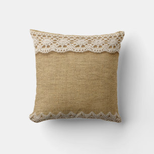 Burlap with lace throw pillow
