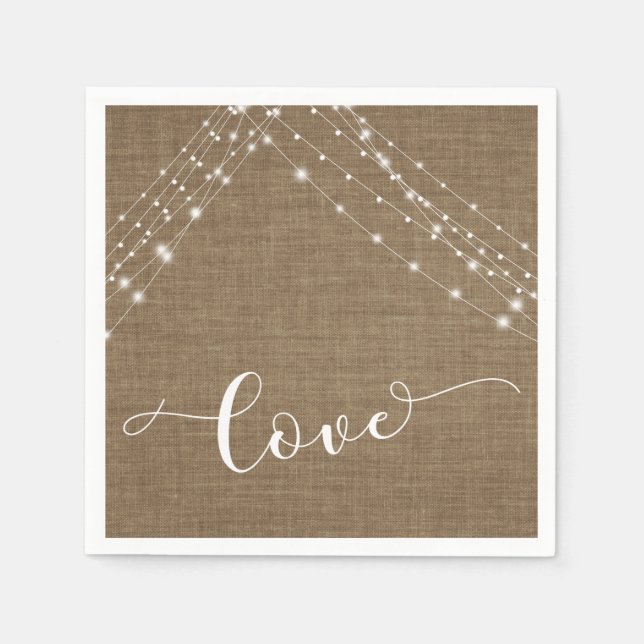Burlap with White Light Strings & Love Typography Napkins (Front)