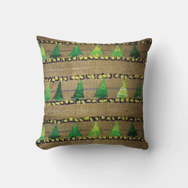 Burlap & Yarn Embroidered Tree Print Throw Pillow (Front)