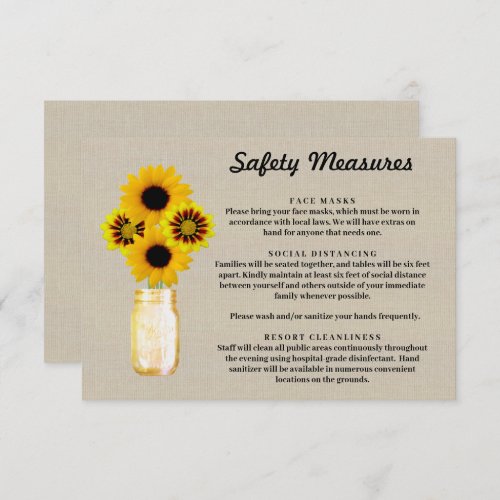 Burlap Yellow Floral Mason Jar Safety Measures Enclosure Card