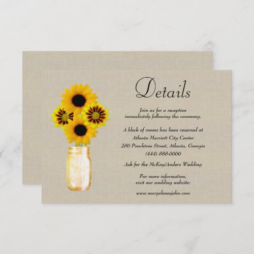 Burlap Yellow Floral Mason Jar Wedding Details Enclosure Card