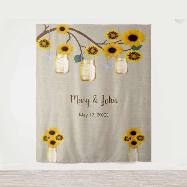 Burlap Yellow Floral Mason Jars Photo Backdrop (Front)