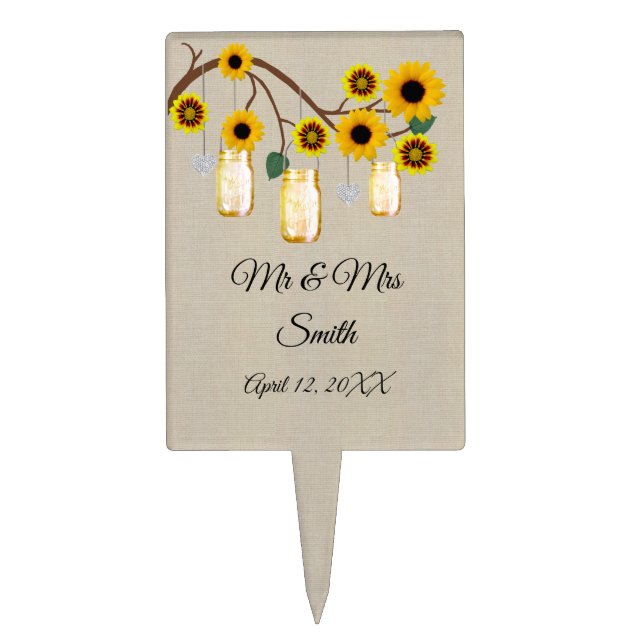 Burlap Yellow Floral Mason Jars Wedding Cake Topper (Front)