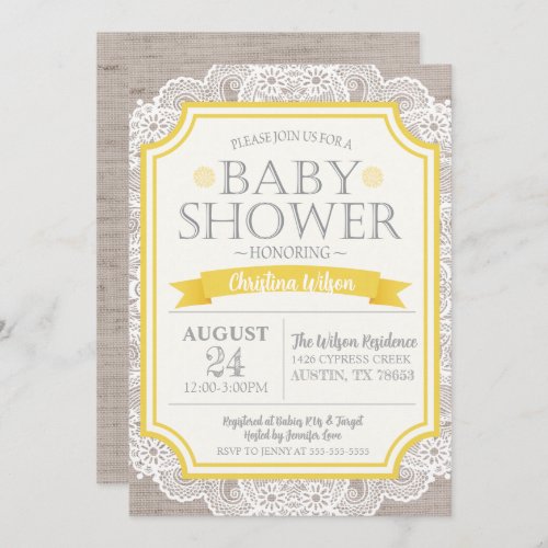 Burlap Yellow  Lace Baby Shower Invitation