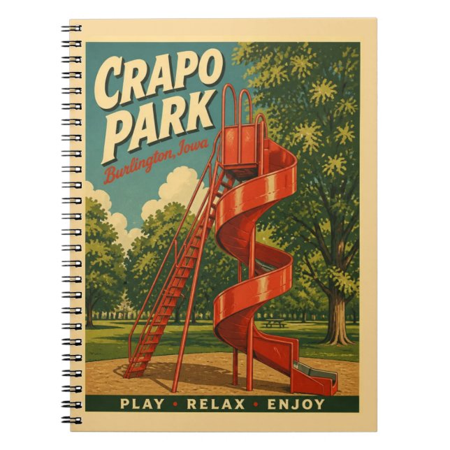 Burlington, Iowa Crapo Park Play Relax Retro Notebook (Front)