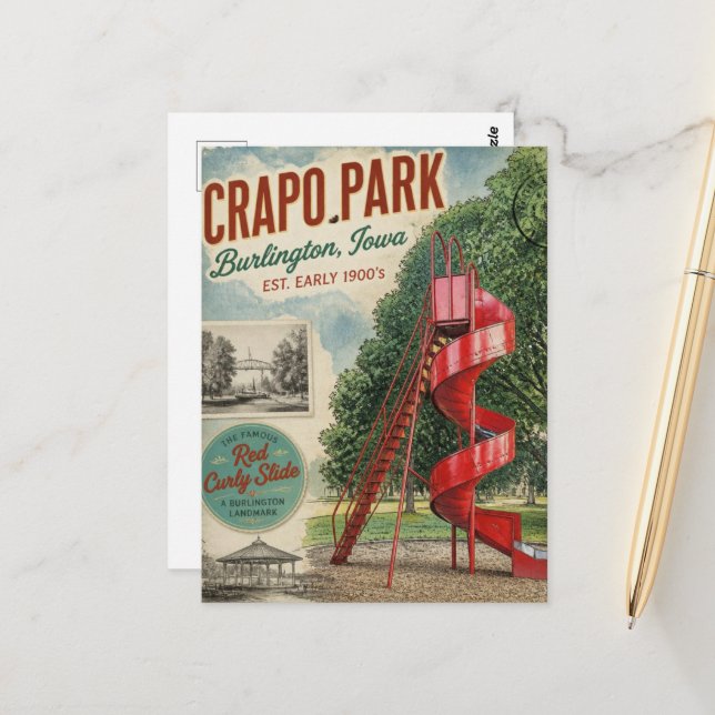 Burlington, Iowa Crapo Park Retro Red Slide Postcard (Front/Back In Situ)
