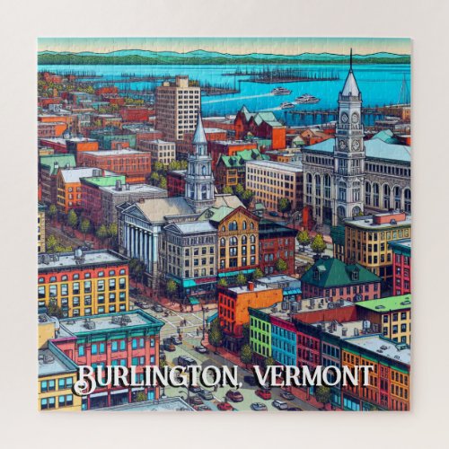 Burlington Vermont Comic Book Style Art Jigsaw Puzzle