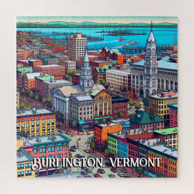 Burlington, Vermont Comic Book Style Art Jigsaw Puzzle (Vertical)