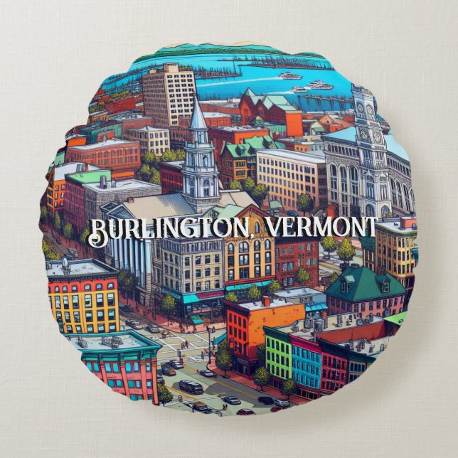 Burlington, Vermont Comic Book Style Art Round Pillow (Front)