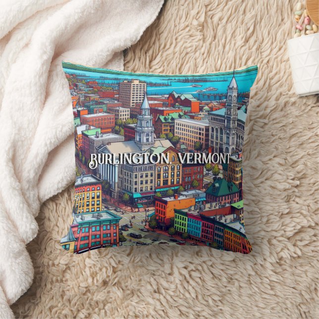 Burlington, Vermont Comic Book Style Art Throw Pillow (Blanket)