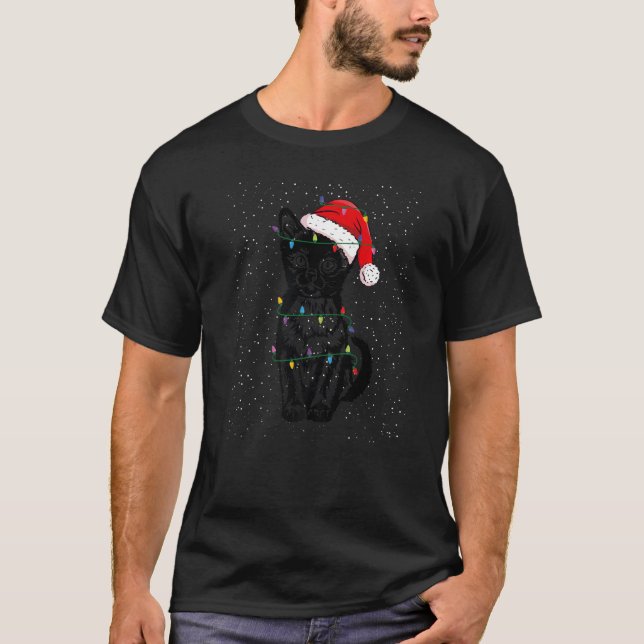 Burma Cat With santa Hat And Christmas Lights Xmas T-Shirt (Front)
