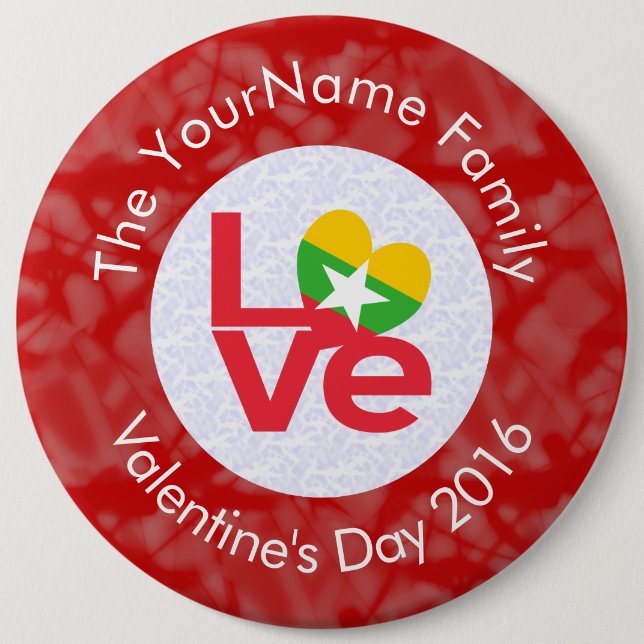 Burma Myanmar Flag Heart LOVE Red Personalize Text Button (Front)
