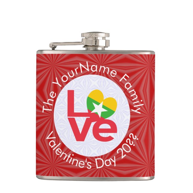 Burma Myanmar Red LOVE Flag Personalized  Flask (Front)