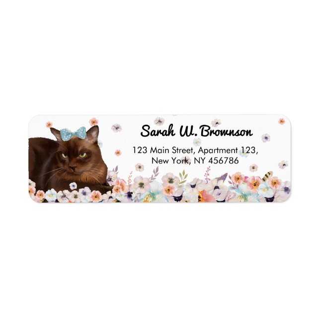 Burmese Brown cat blue bowtie flowers Label (Front)