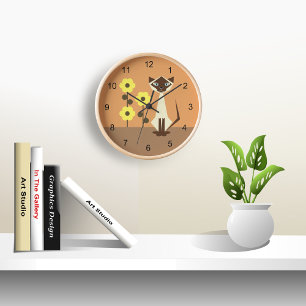 Burmese Cat and Flowers Clock
