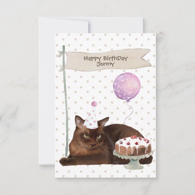 Burmese Cat Birthday Celebration Party Hat cake Card