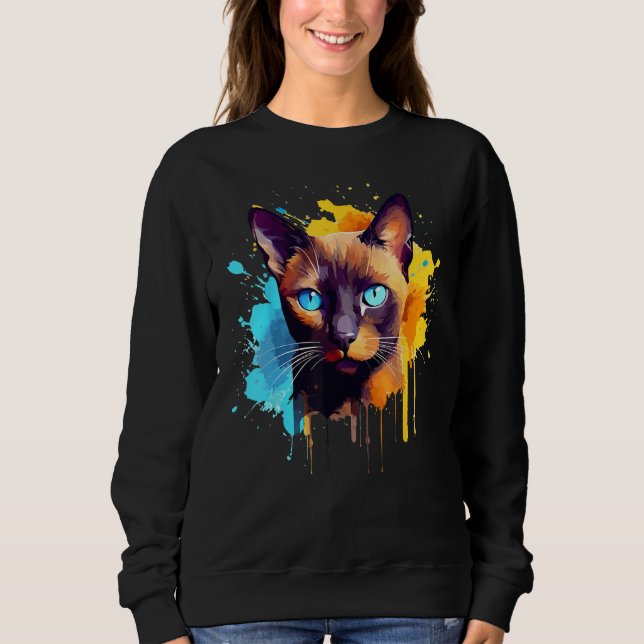 Burmese Cat Face Colorful Splash Art Sweatshirt (Front)