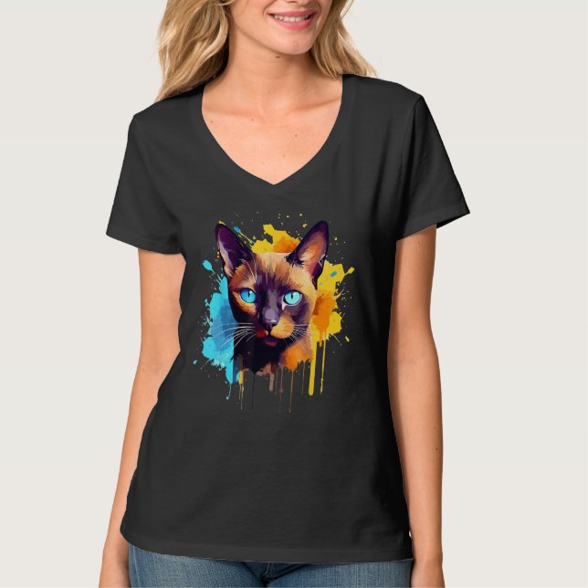 Burmese Cat Face Colorful Splash Art T-Shirt (Front)