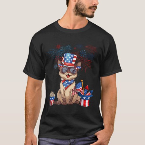 Burmese Cat Watching Fireworks Usa Flag 4th Of Jul T_Shirt