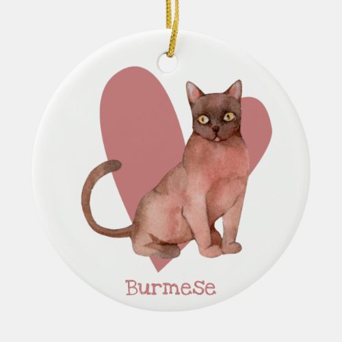 Burmese Cat Watercolor Kitty Pink Heart Ceramic Ornament