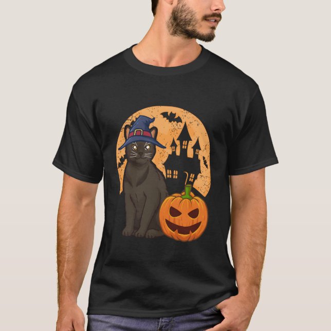 Burmese Cat With Witch And Pumpkin Halloween T-Shirt (Front)