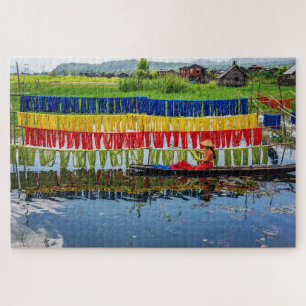 Burmese Colorful Fabric Myanmar Boat Travel Scenic Jigsaw Puzzle
