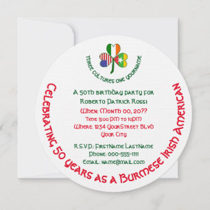 Burmese Myanmar Irish USA Shamrock Birthday  Invitation