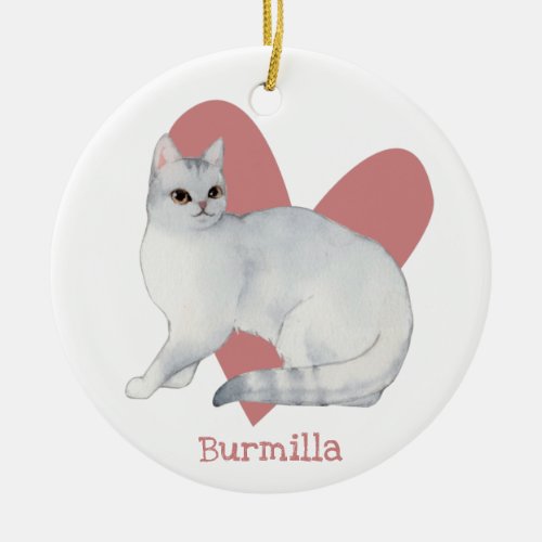 Burmilla Cat Watercolor Kitty Pink Heart Ceramic Ornament
