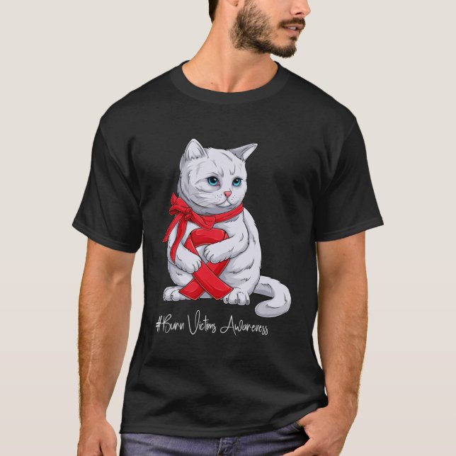 Burn Victims Awareness Month Red Ribbon Cat T-Shirt (Front)