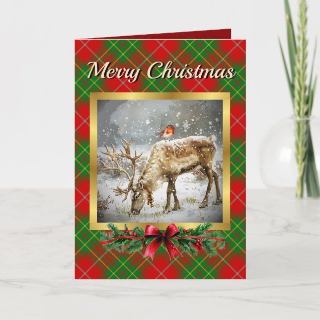 Burnett Stag & Robin Tartan Personalized  Holiday Card (Front)