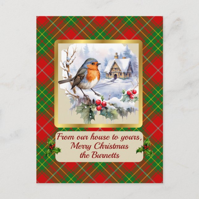 Burnett Tartan w/Robin Personalized   Holiday Postcard (Front)