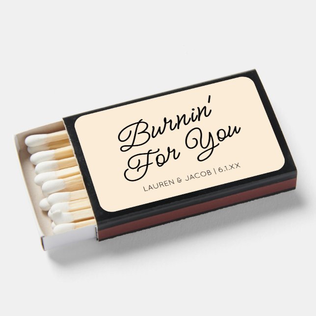 Burnin' For You Modern Light Champagne Wedding Matchboxes (Front Open)