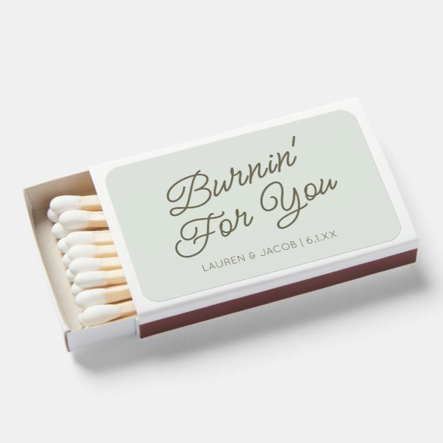 Burnin' For You Modern Retro Green Wedding Matchboxes (Front Open)