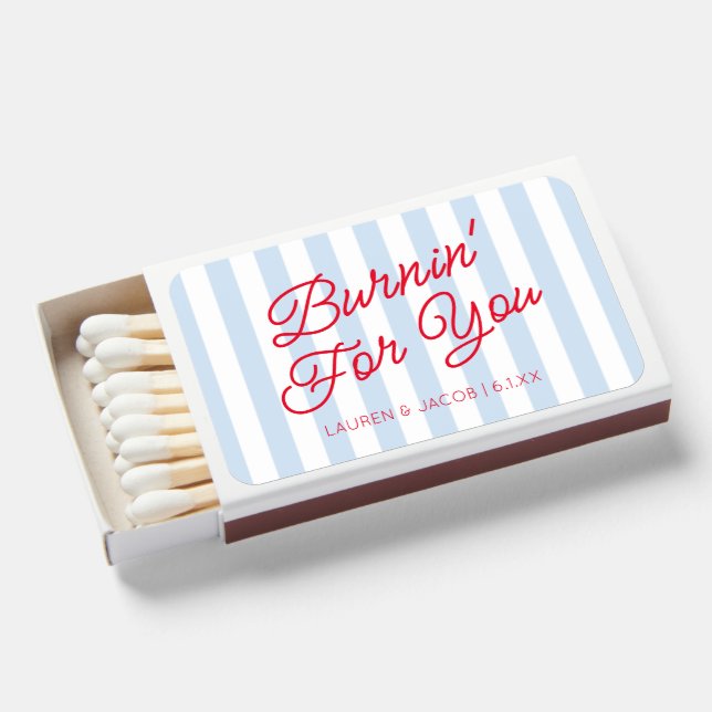 Burnin' For You Retro Red Blue Stripes Wedding Matchboxes (Front Open)